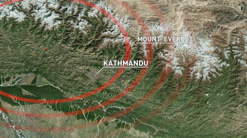 Karte mit dem Epizentrum des Erdbebens im Verhältnis zu Kathmandu und dem Mount Everest. (National Geographic) – Bild: Copyright © The National Geographic Channel.