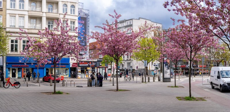General view of the intersection of Steindamm and Kreuzweg with flowering trees in the trendy St. Georg district, Hamburg, Germany May 02, 2021 – Bild: Shutterstock /​ Shutterstock /​ Copyright (c) 2021 Reiseschatzi/​Shutterstock. No use without permission./​editorial use only