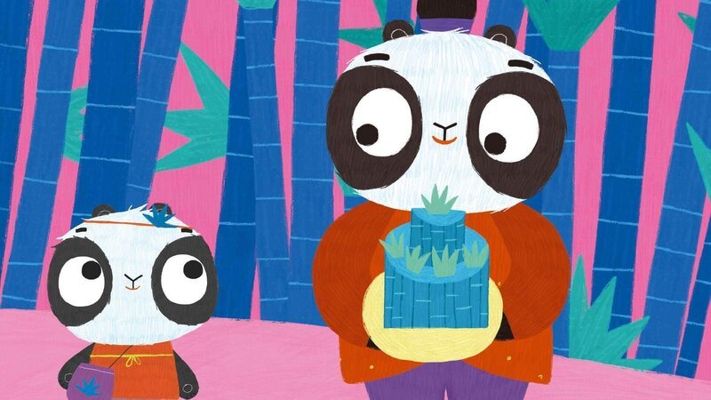 Die Oma von Bao (re.), der Pandafreundin von Bop und Boo, hat Geburtstag! Dazu bemalt Bao (li.) im Bambuswald eine „Geburtstagsfahne“ für ihre Oma. – Bild: 2020 publishing house Glowberry Books LLC.