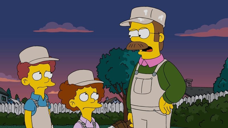 Um Bart in der Schule zu helfen, will Marge einen Erlass durchsetzen – nichtsahnend, dass sie Ned (r.), Rod (l.) und Tod (2.v.l.) damit gegen Homer aufstacheln … – Bild: 2014 Twentieth Century Fox Film Corporation. All rights reserved. Lizenzbild frei