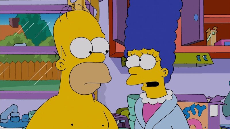 Marge (r.) macht sich große Sorgen um Homer (l.), weil er so ungesund lebt, und redet ihm immer wieder ins Gewissen. Obwohl Homer gelobt, sich zu bessern, kann er doch nicht anders, als seinen Lebensstil mit Bier, Chips und Fernsehen weiterzuführen … – Bild: 2013 Twentieth Century Fox Film Corporation. All rights reserved. Lizenzbild frei
