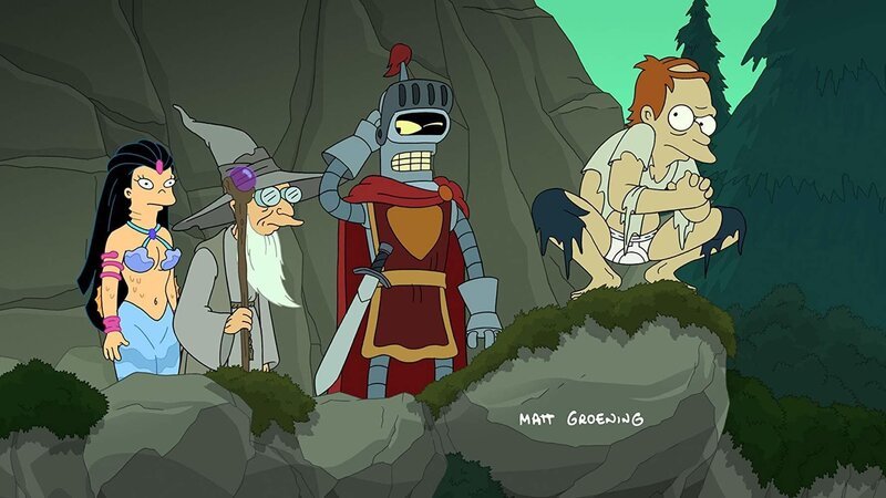 Die Reise im Fantasieland macht Amy (l.), Professor Hubert (2.v.r.), Bender (2.v.l.) und vor allem Fry (r.) gewaltig zu schaffen … – Bild: Unknown