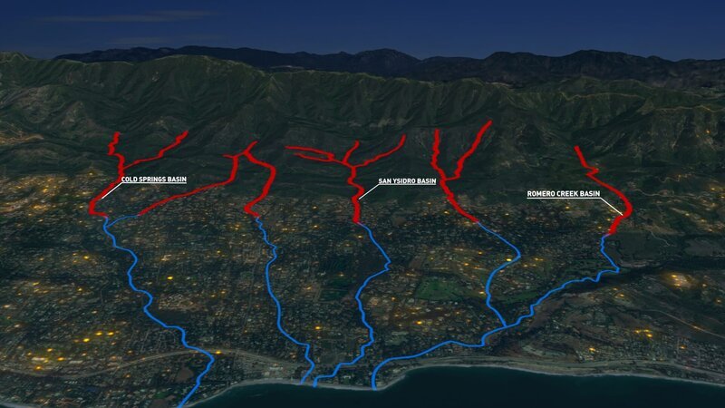 Karte mit den Standorten der wichtigsten Bäche, die in Montecito, CA, Murgänge ausgelöst haben. – Bild: Copyright © The National Geographic Channel.
