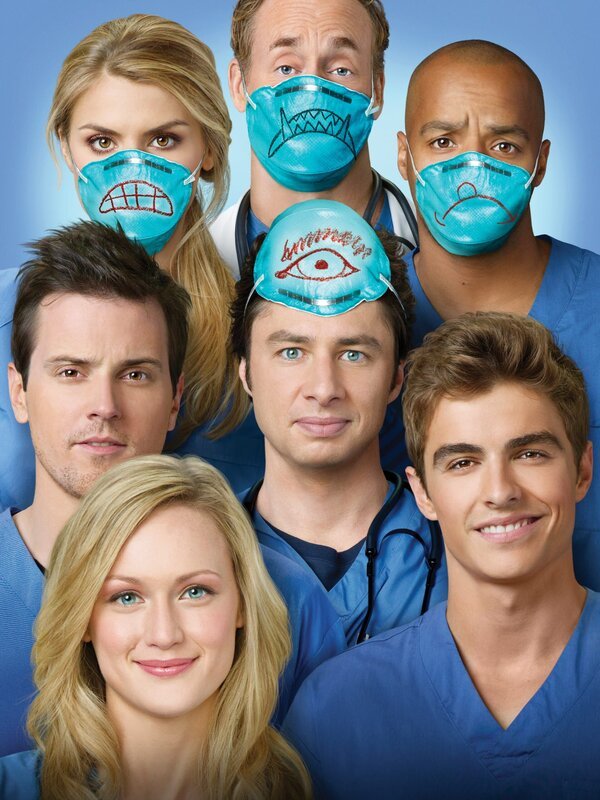 Im Bild: Dr. Denise Mahoney (Eliza Coupe), Dr. Perry Cox (John C. McGinley), Dr. Christopher Turk (Donald Faison), Drew Suffin (Michael Mosley), Dr. John ‚J.D.‘ Dorian (Zach Braff), Cole Aaronson (Dave Franco) und Lucy Bennett (Kerry Bishé). – Bild: Touchstone Television Lizenzbild frei