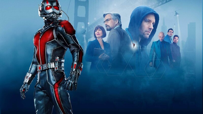 Artwork zum Film „Ant-Man“ mit (v.l.) Evangeline Lilly als Hope van Dyne, Michael Douglas als Hank Pym, Paul Rudd als Scott Lang/​Ant-Man, Corey Stol als Yellowjacket/​Darren Cross, Bobby Cannavale als Paxton und Michael Peña als Luis. – Bild: RTL /​ ©2015 Marvel