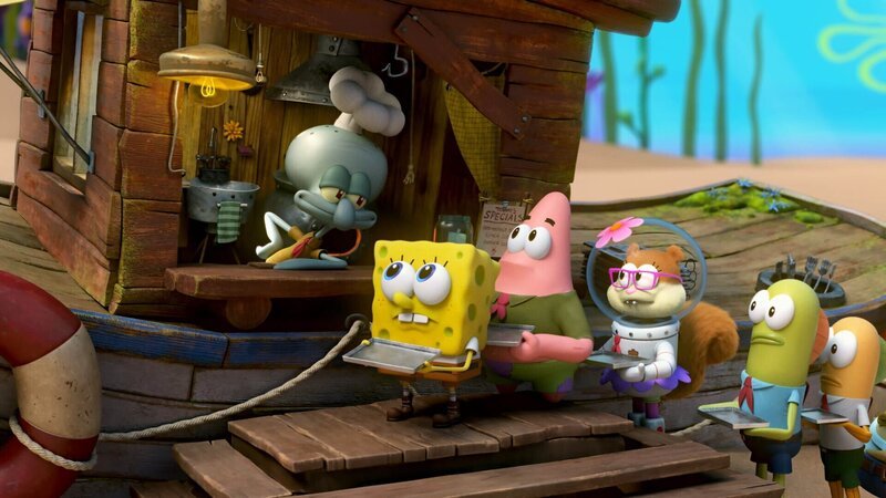 Squidward (l.), SpongeBob (2.v.l.), Patrick (3.v.l.), Sandy (3.v.r.) – Bild: Paramount