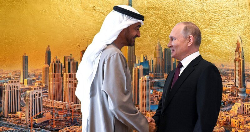Beste Geschäftspartner: Scheich Mohamed Bin Zayed, Präsident der Vereinigten Arabischen Emirate, und Wladimir Putin. – Bild: ZDF und Tobias Lenz
