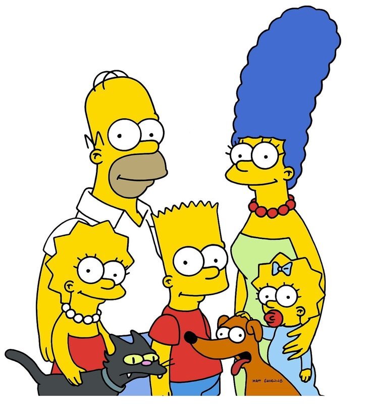 (13. Staffel) – Gemeinsam ist die Familie Simpsons unschlagbar: (v.l.n.r.) Lisa, Kater Schneeball, Homer, Bart, Hund Knecht Ruprecht, Marge und Maggie. – Bild: und TM Twentieth Century Fox Film Corporation – Alle Rechte vorbehalten Lizenzbild frei