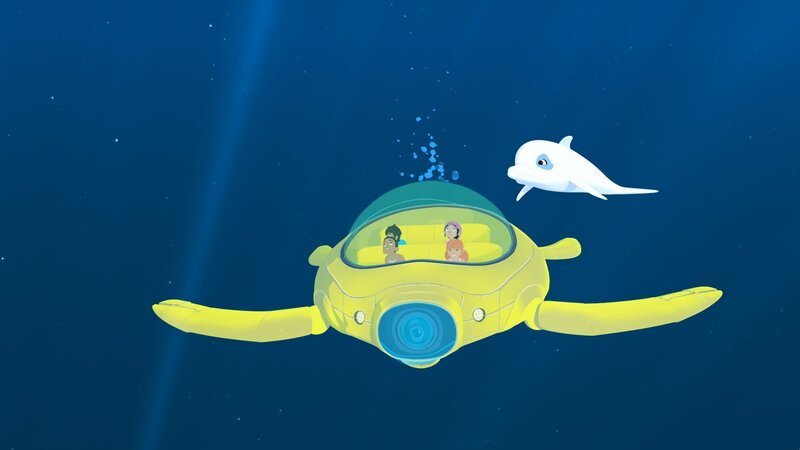 Marina (v.r.) hat heimlich das U-Boot von Onkel Patrick genommen, um mit ihren Freunden Onaku (v.l.), Kai (h.l.) und Tevati (h.r.) einen Ausflug unter Wasser zu machen. Leider kennt sie sich mit der Technik des U-Boots überhaupt nicht aus. Zoom versucht sie zur Umkehr zu bewegen. – Bild: KiKA