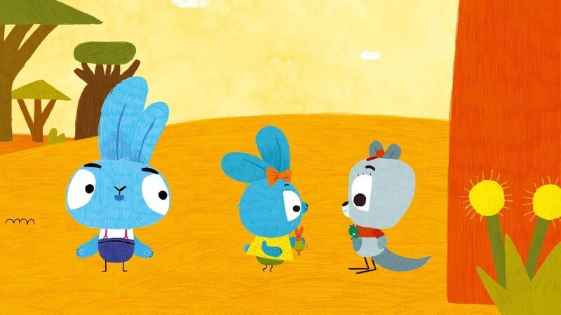 Auf ihrer Hasenfahrt treffen Bop und Boo heute auf das kleine Kängurukind Kit! Dabei lernen sie, dass es nicht immer nur darum gehen sollte, zu gewinnen. – Bild: 2020 publishing house Glowberry Books LLC