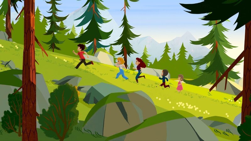 Die Kinder (von links nach rechts: Sebastian, Lynette, Adèle, Sören und Marie) rennen aufgeregt Belle hinterher. – Bild: ZDF/​Gaumont Animation/​PP Animation III Inc.