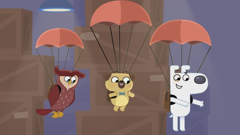 Nach ihrer Flucht vor den Faktobotern landen die drei mit Fallschirmen an einem sicheren Ort. – Bild: KiKA/​Dog Loves Productions Limited 2020
