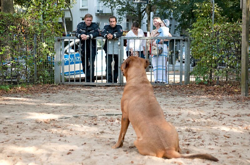 Piet Wellbrook (Peter Fieseler, l.) und Paul Dänning (Jens Münchow, 2.v.l.) haben es mit einem streunenden Wachhund auf dem Spielplatz zu tun. Mütter (Komparsen) ängstigen sich um ihre Kinder. – Bild: ARD/​Thorsten Jander