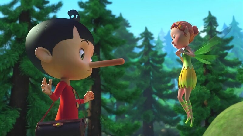 Pinocchio (li.) ist in den heiligen Wald eingedrungen und hat dort einen Ast abgebrochen. Das will er aber Selva, der Hüterin des Waldes (re.), nicht gestehen. – Bild: ZDF/​2021 Method Animation/​Palomar/​ZDF Enterprises All rights reserved