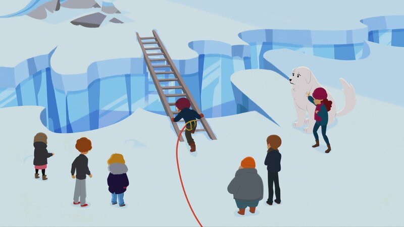 Sebastian wettet mit Amadeus, dass er die Gletscherspalte bei den sogenannten „3 Banditen“ überwindet. – Bild: ZDF/​Gaumont Animation/​PP Animation III Inc.