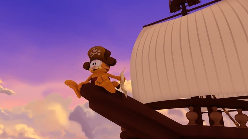 In ihrer Fantasie begeben sich Garfield, Odie und Squeak als Piraten auf Schatzsuche. – Bild: HR/​DARGAUD MEDIA