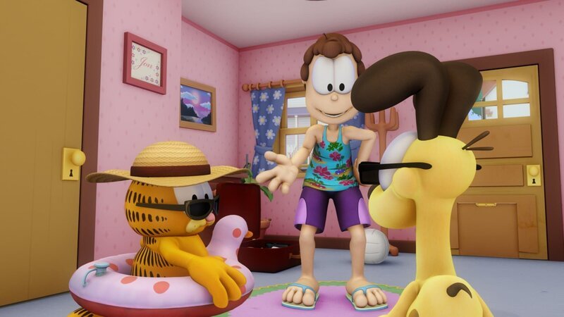 Garfield und Odie freuen sich auf den Strandurlaub, doch dann erklärt Jon ihnen, dass sie bei Tante Ivy bleiben müssen. – Bild: HR/​DARGAUD MEDIA