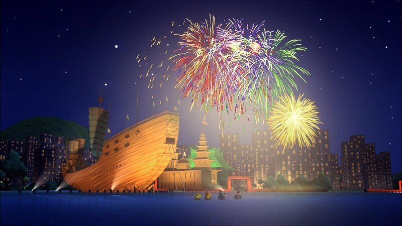 Timmy, Bess, Skid und Scout bestaunen ein Feuerwerk, das anlässlich der Eröffnung des neuen chinesischen Meeresmuseums in die Luft geschossen wird. – Bild: KiKA
