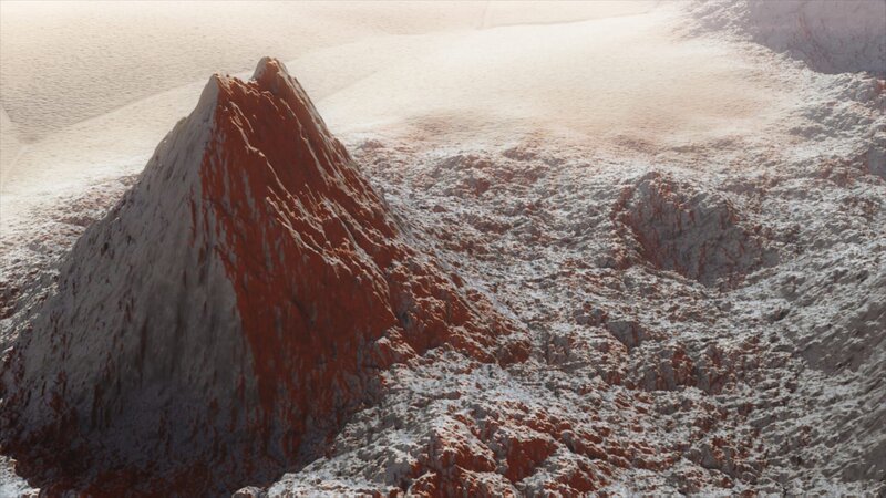 Organische Moleküle aus der Atmosphäre könnten die rote Färbung der Berge auf Pluto hervorrufen. – Bild: BBC 2020/​BDH Creative