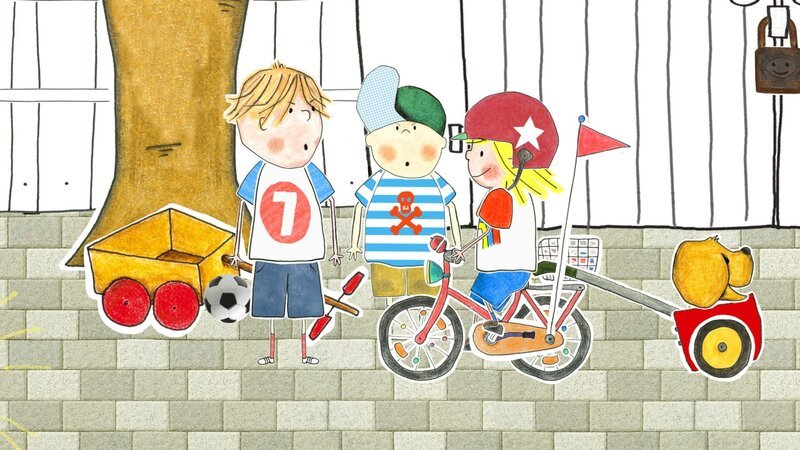 Ferdinand zeigt allen, dass er Fahrrad fahren kann. Und Paula ist natürlich mit dabei. – Bild: rbb