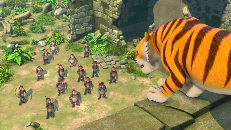 Die Affen sind entsetzt: Tiger Shir Khan bewacht sie, weil er den Panther Baghira in den Ruinen eingesperrt hat. Nun wartet der Tiger darauf, dass Mogli kommt, um seinen Panther-Freund zu retten. – Bild: ZDF/​2009(c) DQ Entertainment