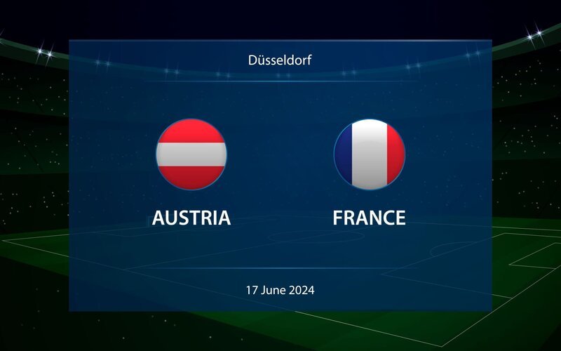 Österreich gegen Frankreich. Europa-Fußballturnier 2024, Fußball-Anzeigetafel überträgt grafische Vorlage – Vektorgrafik – Bild: deppositphotos