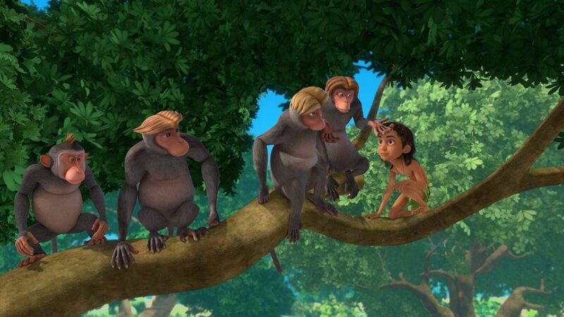 Die Affen diskutieren mit Mogli – sie sind es satt, dass die Schlange Kaa sie immer hypnotisiert, um sie dann auszunutzen – Bild: ZDF, DQ Entertainment
