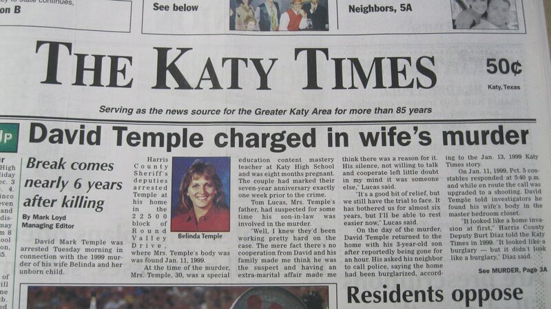 The Katy Times headline, ‚David Temple charged in wife‘s murder.’ – Bild: Investigation Discovery /​ Discovery Communications