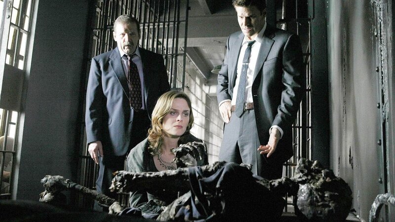 Booth (David Boreanaz, r.) und Brennan (Emily Deschanel, M.) werden nach einem Brand im Gefängnis zur Zelle des Serienmörders Howard Epps gerufen, um dort die sterblichen Überreste des Häftlings zu identifizieren. Doch sehr bald finden sie heraus, dass die bis zur Unkenntlichkeit verbrannte Leiche nicht der gefürchtete Mörder sein kann. – Bild: TVNOW /​ FOX