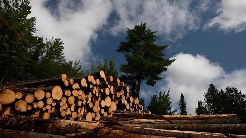 Log pile in front of the woods as seen on episode one of American Loggers. – Bild: Warner Bros. Discovery
