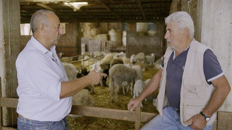 Rocco (li.), ist nach 30 Jahren aus Frankreich in seine Heimat Kalabrien-zurückgekehrt. Weil er künftig Pecorino-Käse exportieren will, besucht er lokale Produzenten. – Bild: ORF/​ARTE FRANCE
