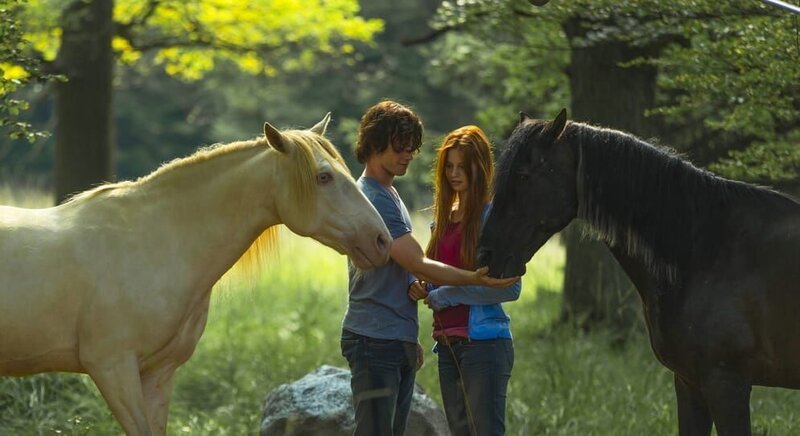 Milan (Jannis Niewöhner) und Mika (Hanna Binke) mit Hengst Ostwind und der Schimmelstute – Bild: Condor Films Milan (Jannis Niewöhner) und Mika (Hanna Binke) mit Hengst Ostwind und der Schimmelstute – Bild: Condor Films