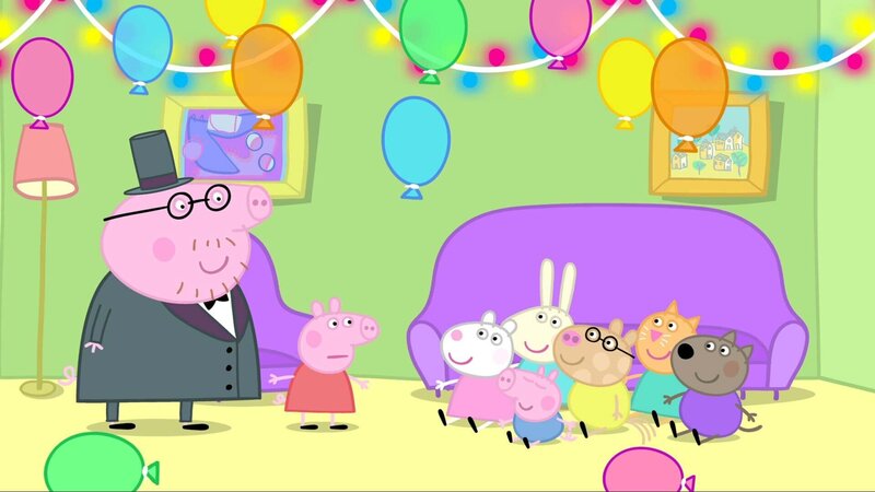 v.li.: Daddy Pig, Peppa Pig, Suzy Sheep, George Pig, Rebecca Rabbit, Pedro Pony, Candy Cat, Danny Dog – Bild: Paramount