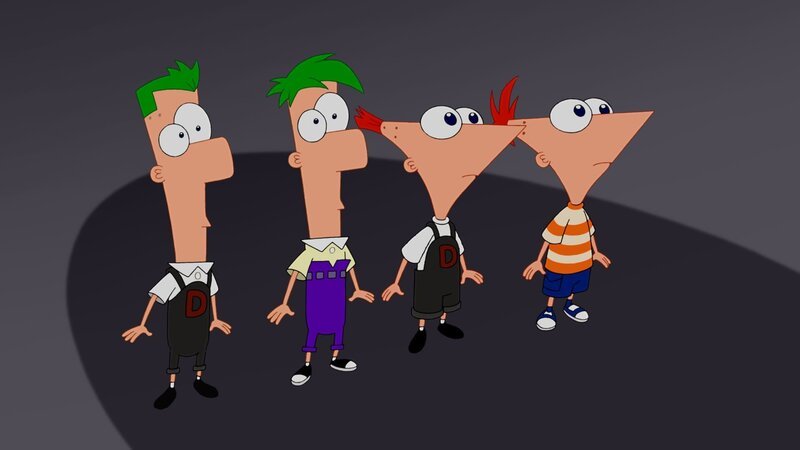 L-R: Ferb (2. Dimension), Ferb, Phineas (2. Dimension), Phineas – Bild: Disney XD /​ DISNEY XD /​ DISNEY XD /​ ©2011 Disney Enterprises, Inc. All rights reserved.