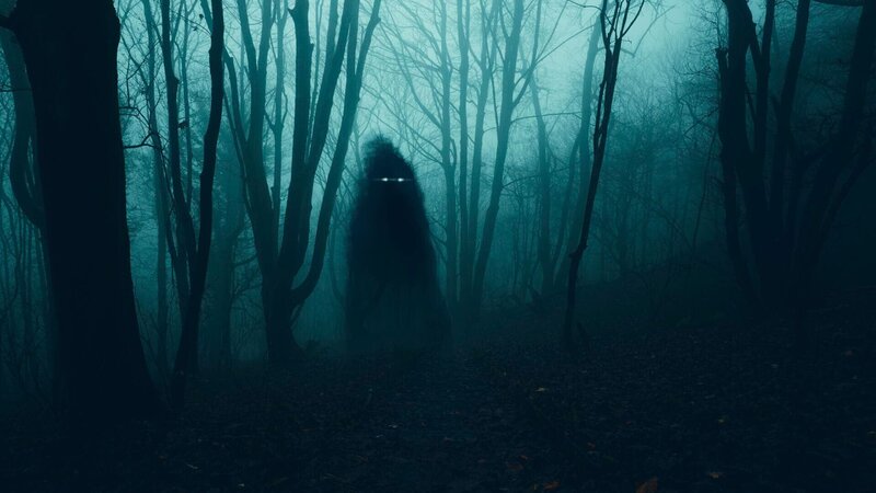 Ein übernatürliches Konzept. Ein Geist mit glühenden Augen, der über dem Boden schwebt. In einem gespenstischen, nächtlichen Winterwald – Bild: David Wall /​ Getty Images /​ Moment RF /​ © THE HISTORY CHANNEL /​ A+E Networks /​ Getty Images