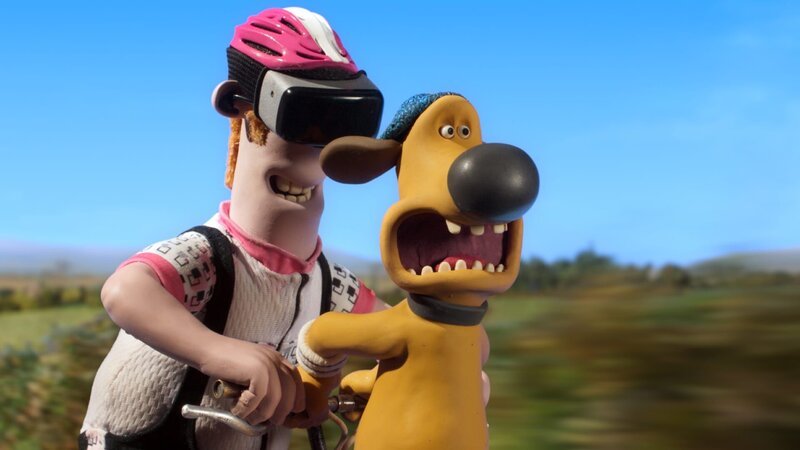 Der Farmer denkt, er fährt nur ein digitales Radrennen. Bitzer weiß es besser! – Bild: WDR/​BBC/​Animation Ltd.