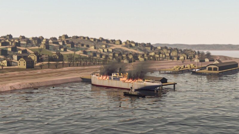 Zwei Schiffe stoßen im Hafen von Halifax zusammen, eines davon geht in Flammen auf. Der Brand verursacht eine verheerende Explosion. – Bild: ZDF und CBC Stock./CBC Stock Zwei Schiffe stoßen im Hafen von Halifax zusammen, eines davon geht in Flammen auf. Der Brand verursacht eine verheerende Explosion. – Bild: ZDF und CBC Stock./CBC Stock