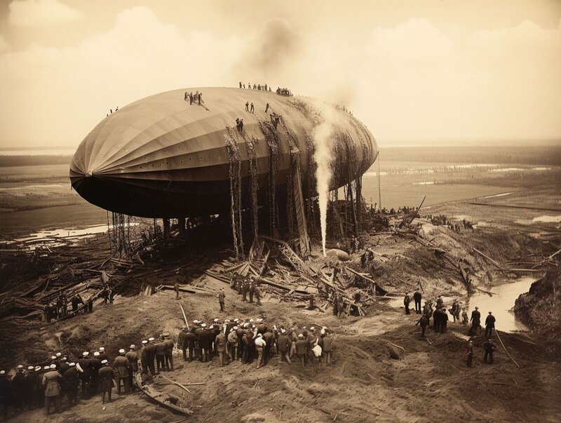 Historisches Foto der Hindenburg-Katastrophe, das die katastrophale Explosion und das Inferno des Luftschiffs 1937 in Lakehurst, New Jersey, zeigt. – Bild: Szalai – stock.adobe.com /​ 699238752 – uklib