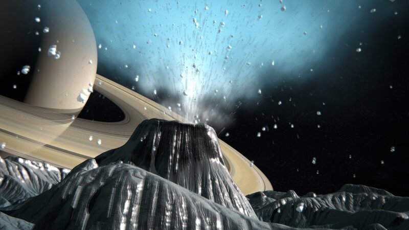 CGI-BILD: Der Kryovulkan auf Enceladus spuckt Eis in den Himmel. (Photo Credit: © BASE Productions/​ Sauce) – Bild: Sauce /​ BASE Productions/​ Sauce /​ National Geographic Channels /​ BASE Productions