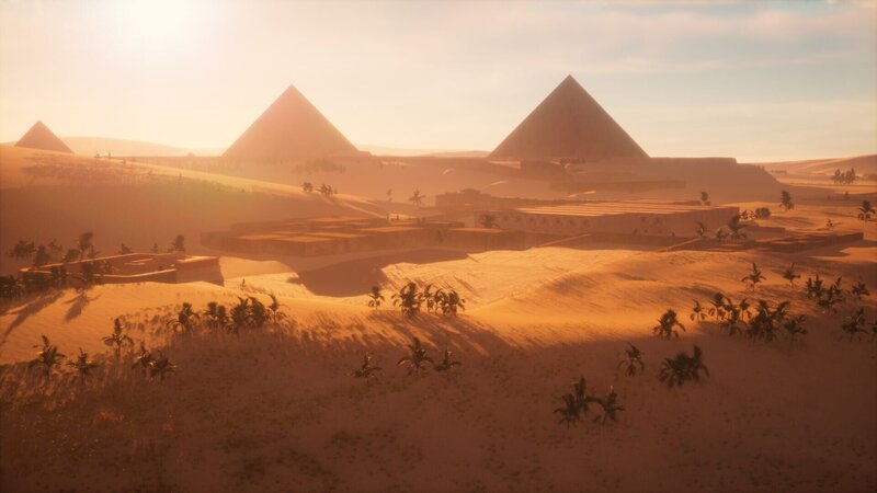 Ein computergeneriertes Bild zeigt die Verlorene Stadt der Pyramidenbauer mit den Großen Pyramiden im Hintergrund auf dem Gizeh-Plateau, Kairo, Ägypten. (Windfall Films) – Bild: Windfall Films /​ Windfall Films