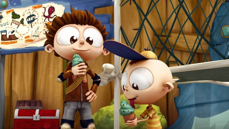 Angelo (li.) und Peter genießen ihr leckeres Eis im Freizeitpark. – Bild: (C) Cake Entertainment Das SUPER RTL-Bildmaterial darf nur zur redaktionellen Berichterstattung im Zusammenhang mit der jeweiligen Sendung unter Angabe der Credits und Beachtung der unter http:/​/​kommunikation.superrtl.de genannten  …