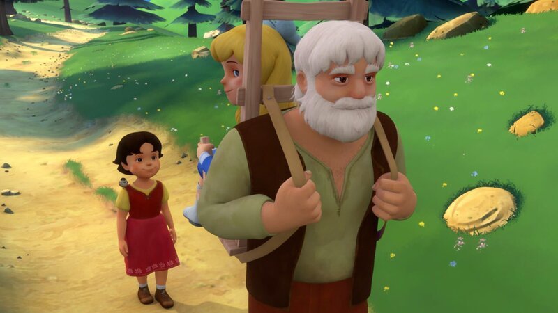 Großvater transportiert Clara in der Holztrage. – Bild: ZDF/​Studio 100 Animation/​Heidi Productions Pty. Limited