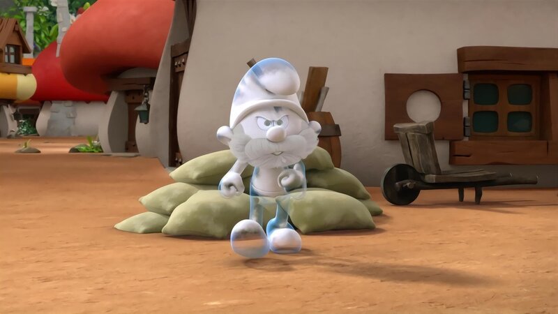 Nach einer Explosion ist Papa Schlumpf unsichtbar. Für das Gegenmittel müssen er, Schlaubi und Schlumpfine ein Katzenschnurrhaar von Azrael besorgen. – Bild: KiKA/​Peyo Productions, Dupuis Édition & Audiovisuell 2020