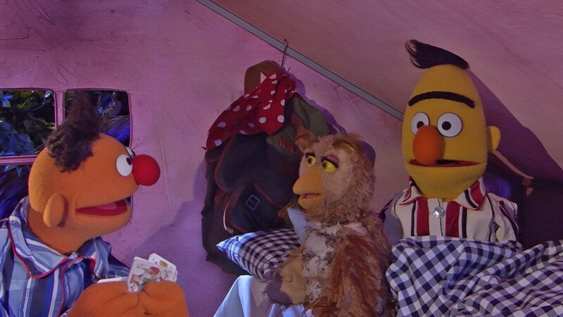 Ernie (l.) kann zu Berts (r.) Überraschung mit Eulen sprechen. – Bild: NDR/​Sesame Workshop