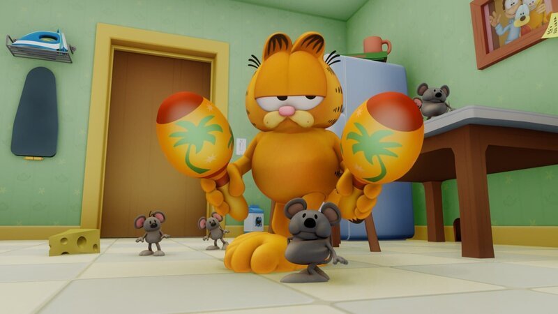 Squeaks Cousin Max kommt zu Besuch und überzeugt die Mäuse im Haus, dass es gefährlich ist, mit Garfield zu spielen. – Bild: HR/​DARGAUD MEDIA