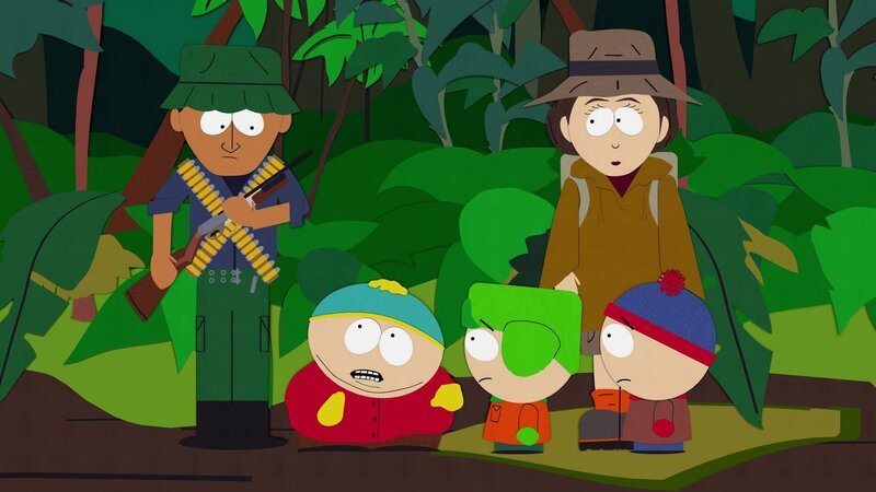 Eric (2.v.l.), Kyle (m.), Ms. Stevens (2.v.r.), Stan (r.) – Bild: ViacomCBS