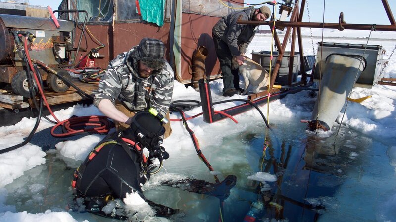 Unter dem Eis im minus zwei Grad kalten Wasser suchen Derek und seine Kumpel nach Gold. – Bild: ZDF und NDR/Manfred Uhlig. Unter dem Eis im minus zwei Grad kalten Wasser suchen Derek und seine Kumpel nach Gold. – Bild: ZDF und NDR/Manfred Uhlig.