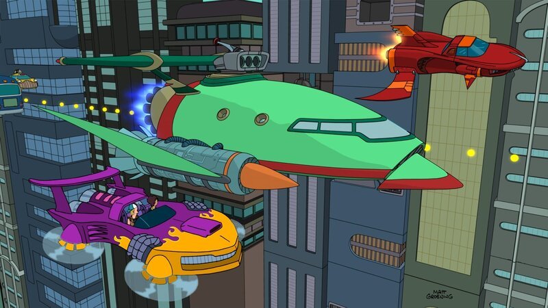 Der Professor ärgert sich über die sicherheitsbewusste Leela und haut ab; das Planet Express-Schiff nimmt er mit. Schon bald lernt er eine Gang, die wilde Straßenrennen fliegt, kennen. Sie helfen ihm, das Schiff zu tunen … – Bild: Paramount