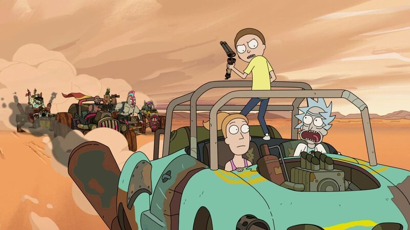 Vorne, l-r: Summer, Morty, Rick – Bild: Paramount