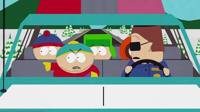 L-R: Stan, Eric, Kyle, Kenny, Officer Barbrady – Bild: ViacomCBS